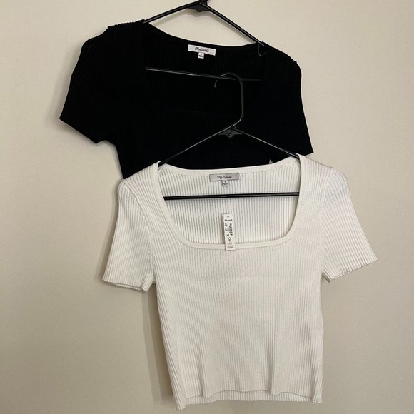 2 Madewell Square-Neck Crop Sweater Tee Black & White Size S - Picture 5 of 9